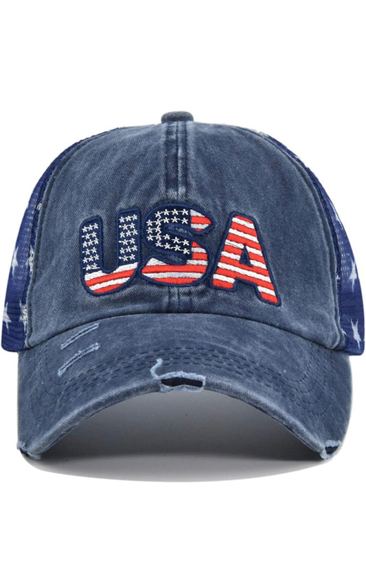 USA Distressed Ballcap with American Star Mesh- Navy