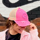 Distressed Embroidered Peace Sign- Hat- Pink